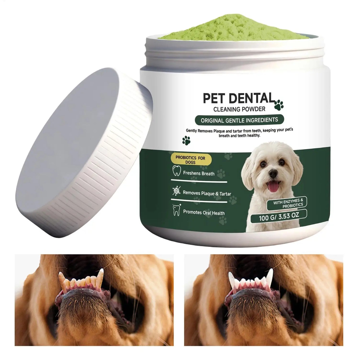 Dog teeth cleaning powder jar with lid, probiotic breath freshener, removes plaque and tartar, 100g