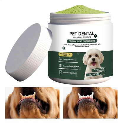 Dog teeth cleaning powder jar with lid, probiotic breath freshener, removes plaque and tartar, 100g