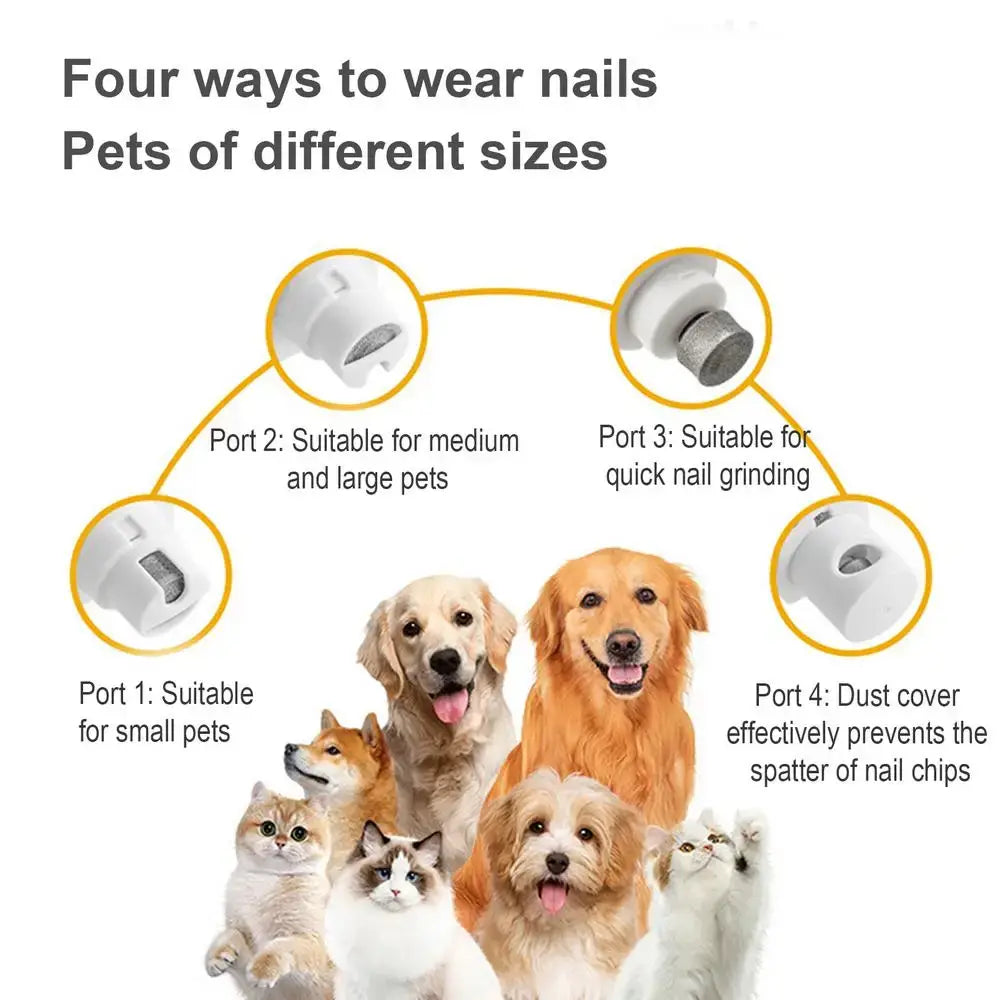 rechargeable dog nail grinder for pets of different sizes, four wear ports, quiet nail trimming, dust cover