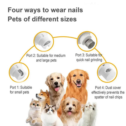 rechargeable dog nail grinder for pets of different sizes, four wear ports, quiet nail trimming, dust cover