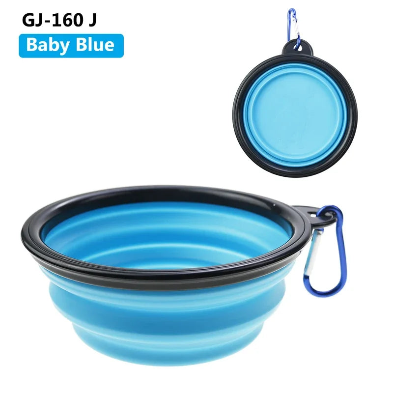 Baby blue collapsible pet travel bowl for cats and dogs, silicone portable food and water bowl with carabiner