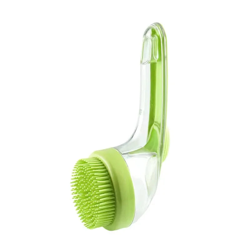 pet bath brush with shampoo dispenser, green silicone long handle grooming brush for gentle pet fur cleaning and massage