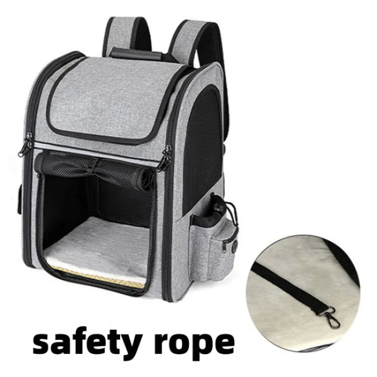 Expandable pet backpack carrier for cats and dogs, breathable gray Oxford cloth with safety rope and large front opening
