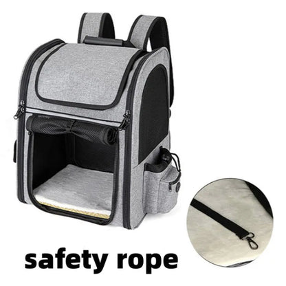 Expandable pet backpack carrier for cats and dogs, breathable gray Oxford cloth with safety rope and large front opening