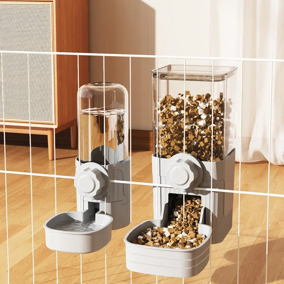 hanging pet feeder and waterer for dogs, cats, and rabbits, cage-mounted automatic food dispenser and water bowl