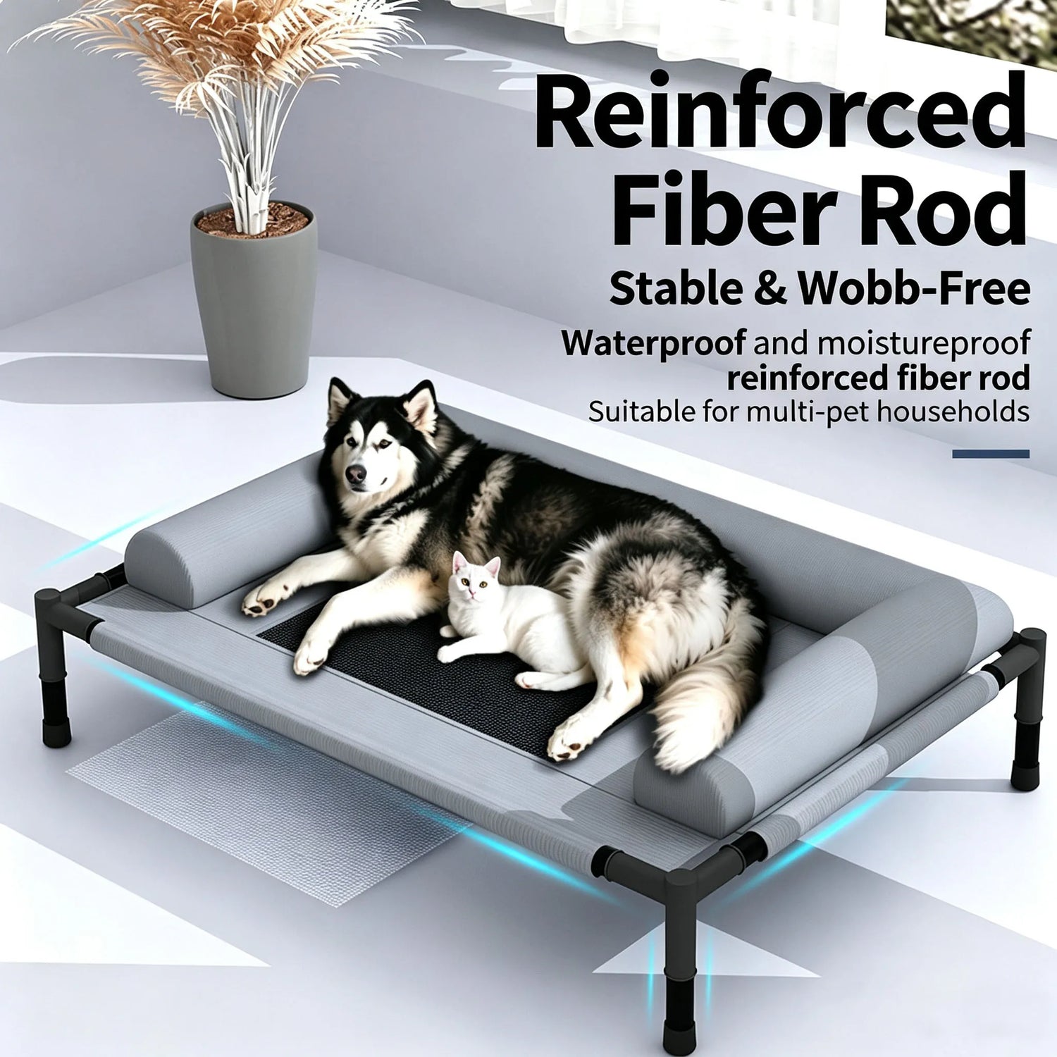 elevated cooling dog cot bed for indoor and outdoor use, reinforced fiber rod, breathable washable pet furniture
