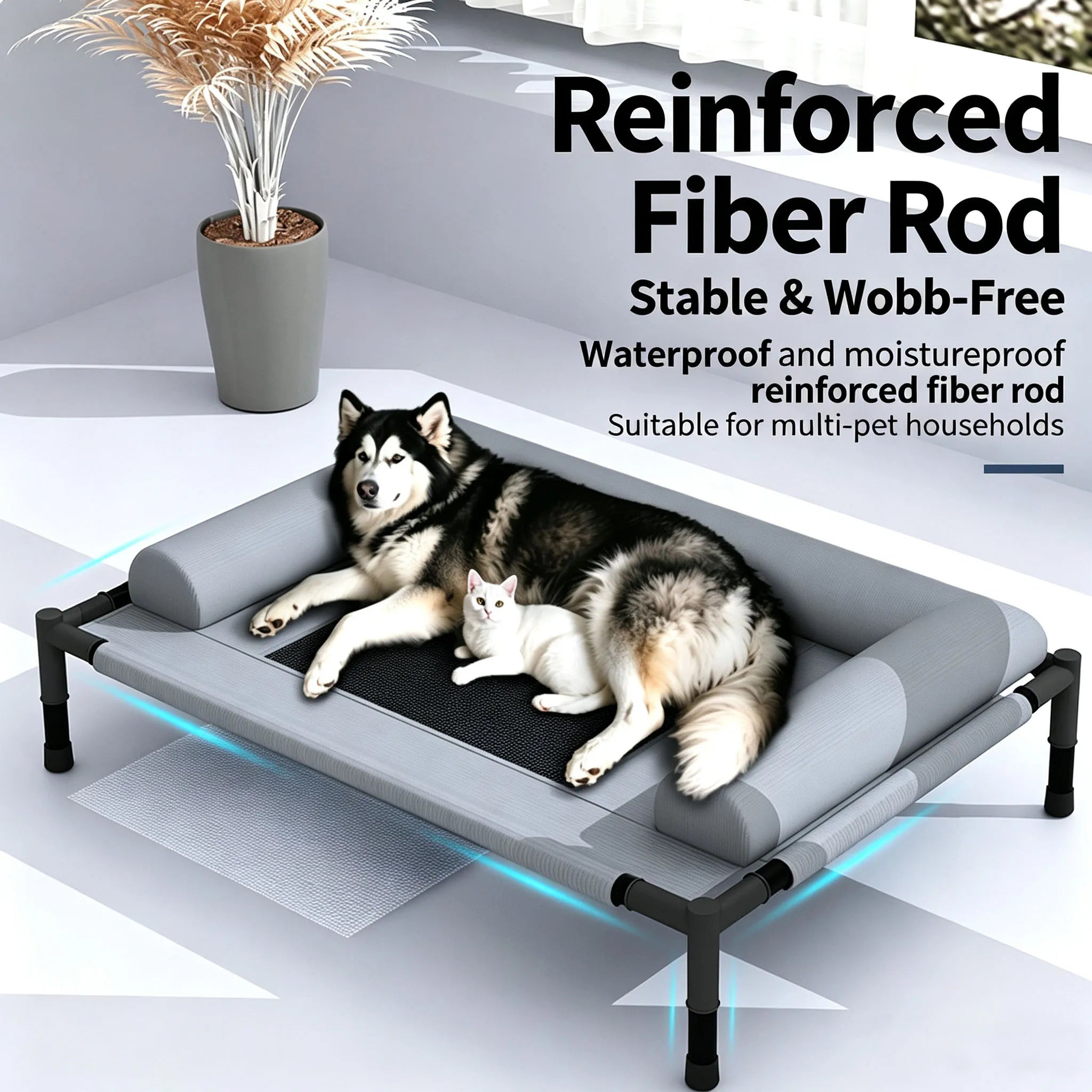 elevated cooling dog cot bed for indoor and outdoor use, reinforced fiber rod, breathable washable pet furniture