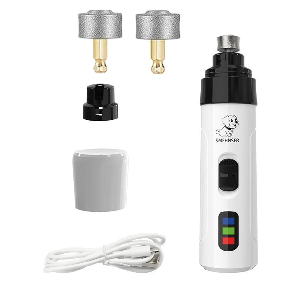 rechargeable pet nail grinder with 2 grinding wheels, USB charging, LED quiet electric trimmer for dogs and cats