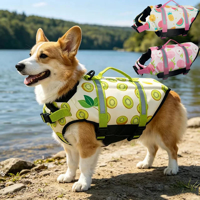 reflective adjustable dog life jacket for large dogs, buoyant swim vest with fruit pattern for safe boating