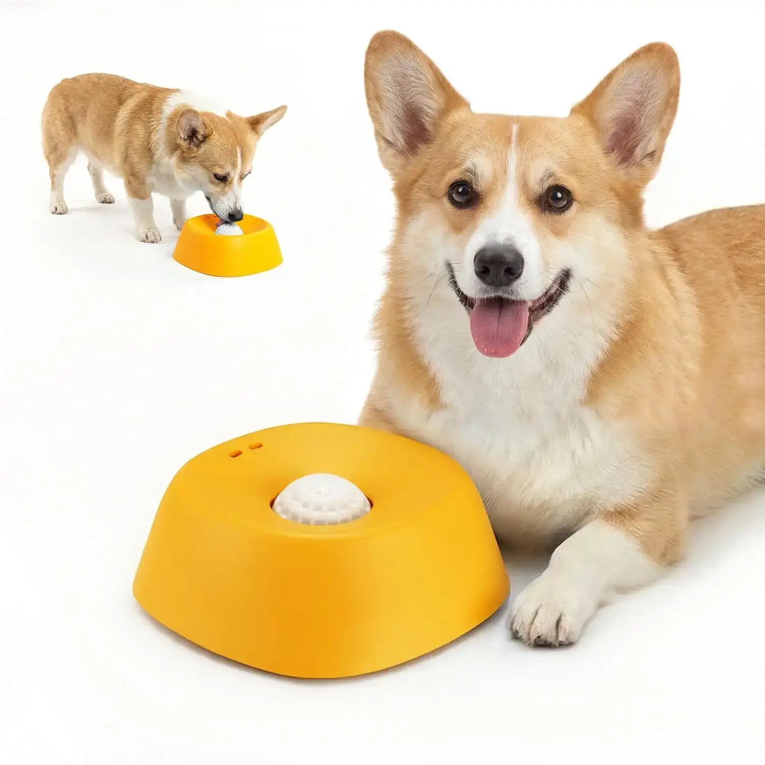 yellow slow feeder dog bowl lick sphere puzzle feeder for liquid treats, non-spill plastic puppy bowl