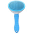 Blue and white dog grooming brush with ergonomic handle and metal bristles