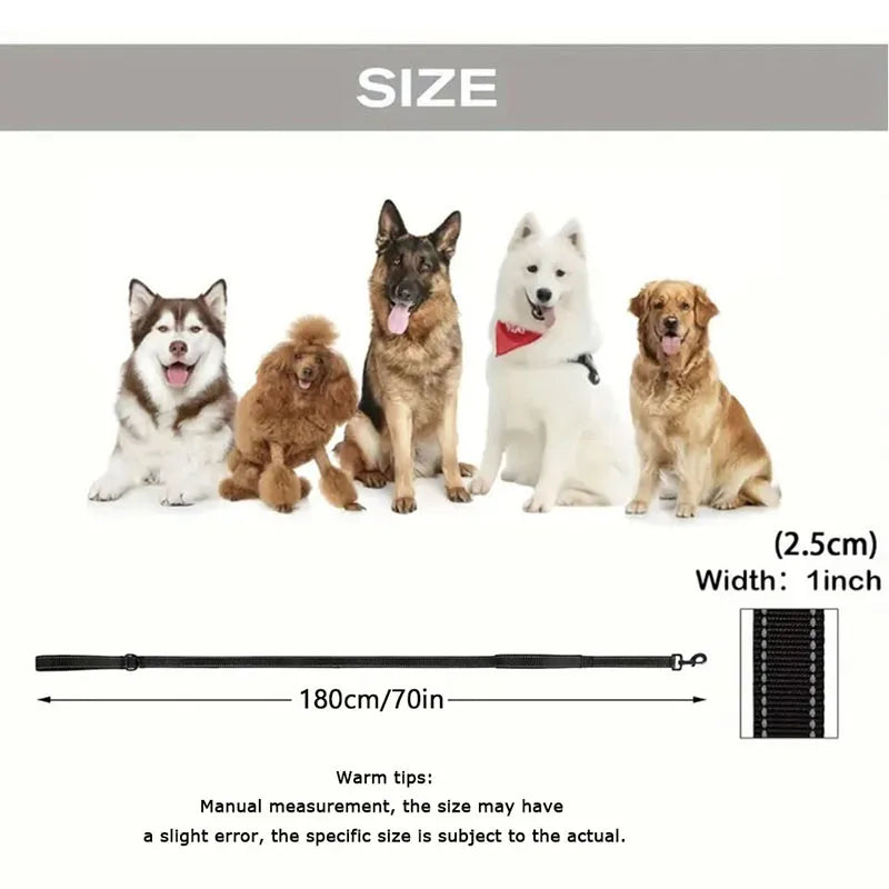 heavy duty double handle dog leash with reflective strips for night safety, 180cm long, for large and extra large breeds