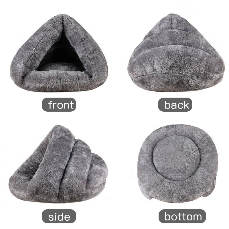 Washable plush dog bed soft gray pet cave bed shown front, back, side, and bottom views for small dogs and cats