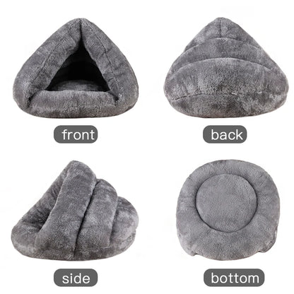 Washable plush dog bed soft gray pet cave bed shown front, back, side, and bottom views for small dogs and cats