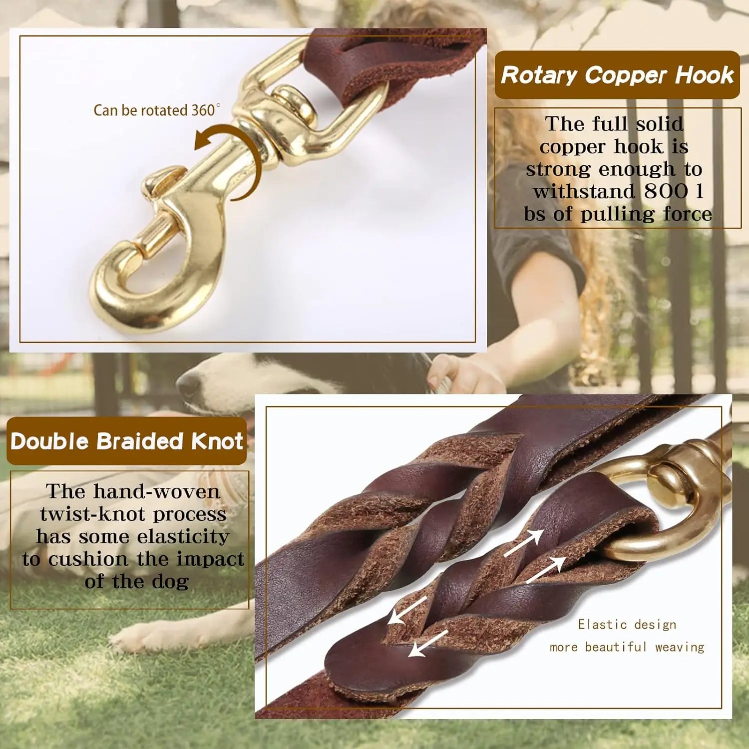 heavy duty leather dog leash with rotary copper hook and double braided design for strong dog training and walking