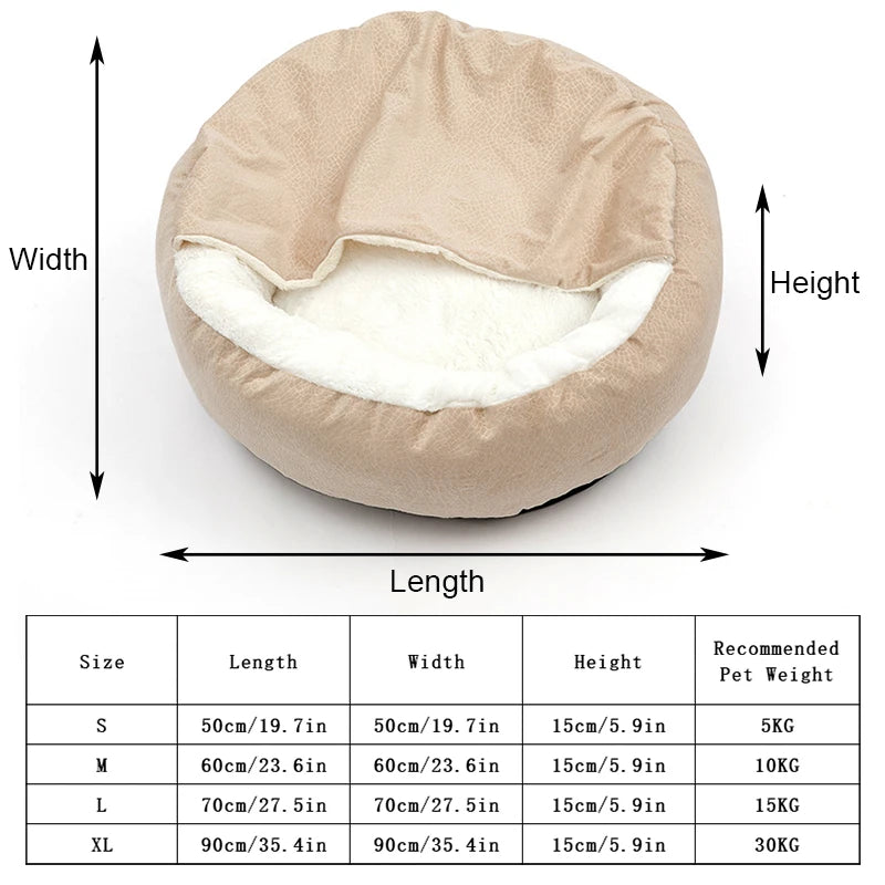 Orthopedic dog bed round plush cushion with size chart for indoor pets, warm washable pet sofa for small dogs and cats