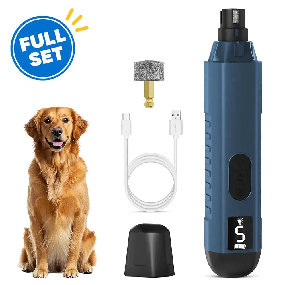 electric pet nail grinder full set with dog, USB cable, grinding bit, cap, and 5-speed rechargeable grooming tool