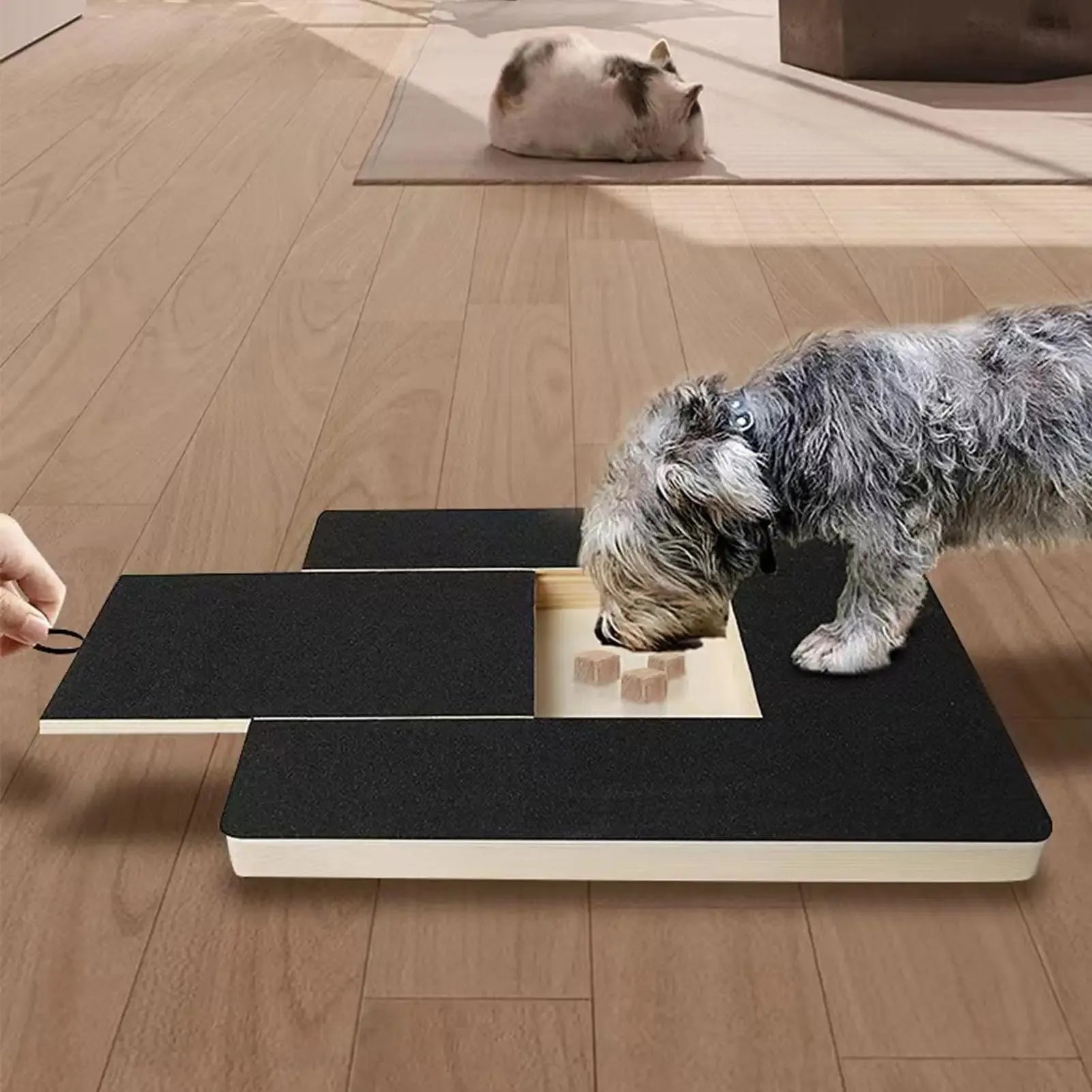 Dog using a dog nail scratch pad wooden nail grinder board for safe at-home nail trimming