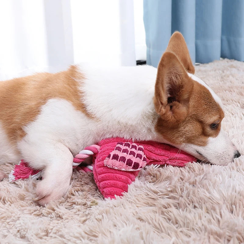 Small dog playing with corduroy squeaky dog toy plush animal-shaped bite-resistant interactive pet toy
