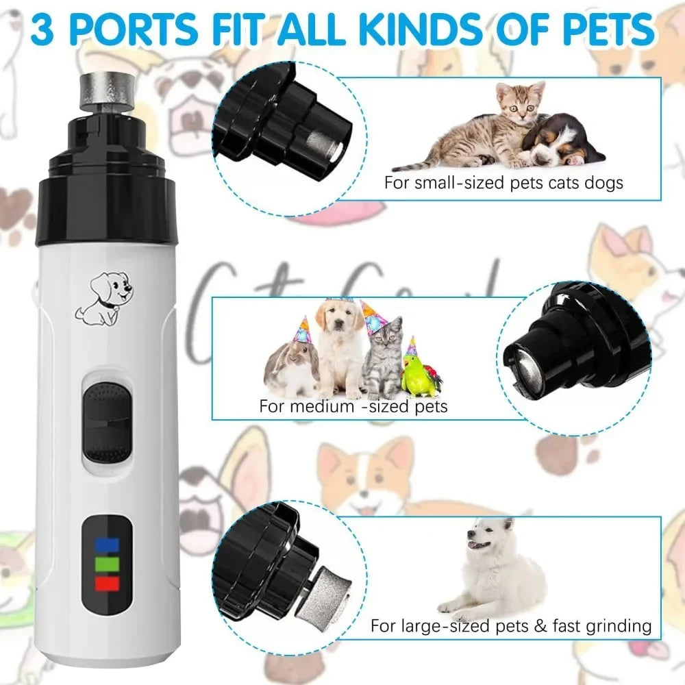 Rechargeable pet nail grinder with 3 ports for small, medium, and large pets, USB charging, quiet electric grooming