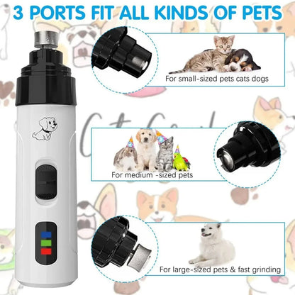 Rechargeable pet nail grinder with 3 ports for small, medium, and large pets, USB charging, quiet electric grooming