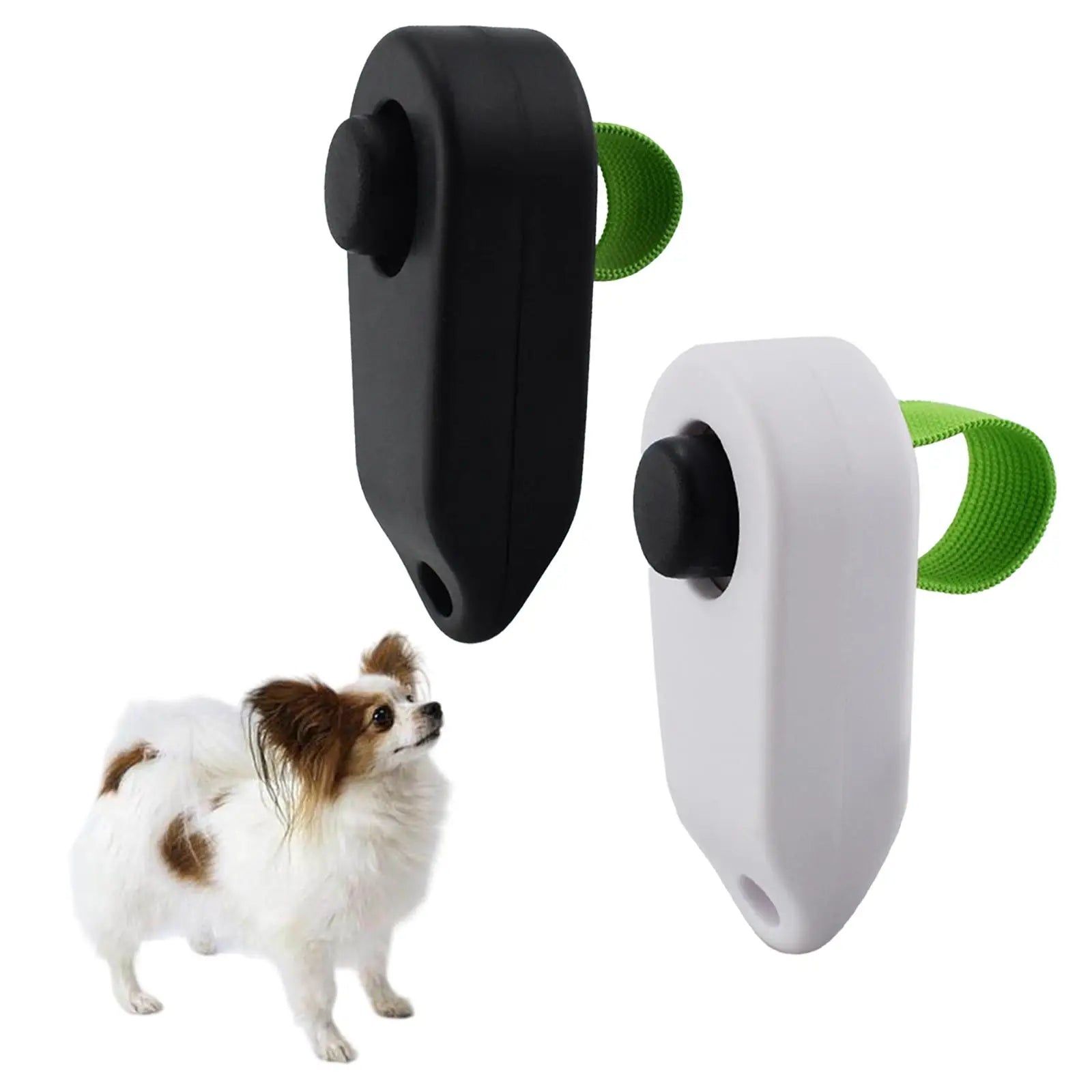 Dog training clickers in black and white with green straps shown beside a small dog