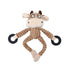 Plush cow dog toy with rope limbs and black chew rings for interactive pet play