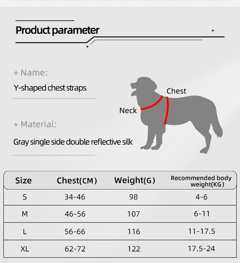 Dog harness sizing chart showing Y-shaped chest straps, reflective gray silk material, and measurements for small, medium, large, and extra-large dogs.