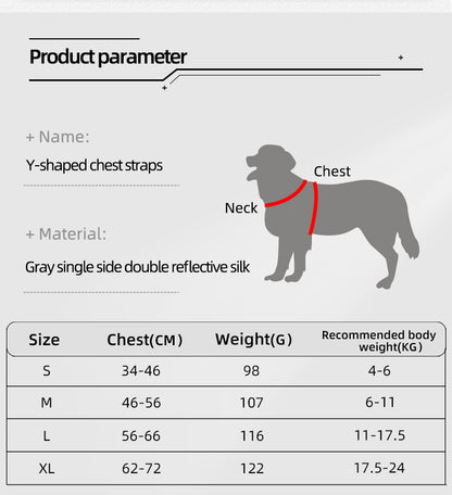 Dog harness sizing chart showing Y-shaped chest straps, reflective gray silk material, and measurements for small, medium, large, and extra-large dogs.