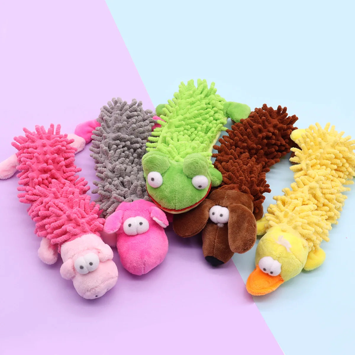 squeaky plush dog chew toy for puppies, soft mop fur animal toys for daily chewing and training