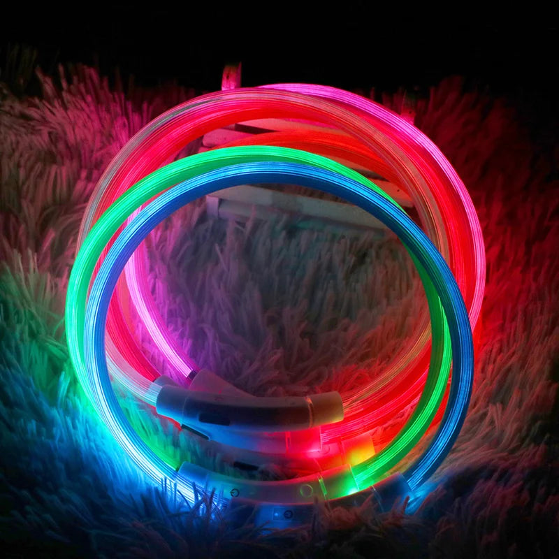 Led Usb Dog Collar Pet Dog Night Luminous Charge Collar Pet Accessorie glowing in vibrant colors on a soft surface.