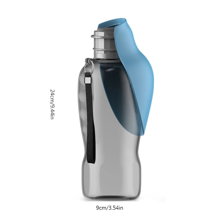 Portable dog water bottle with blue silicone lid, carrying strap, and measurement markings
