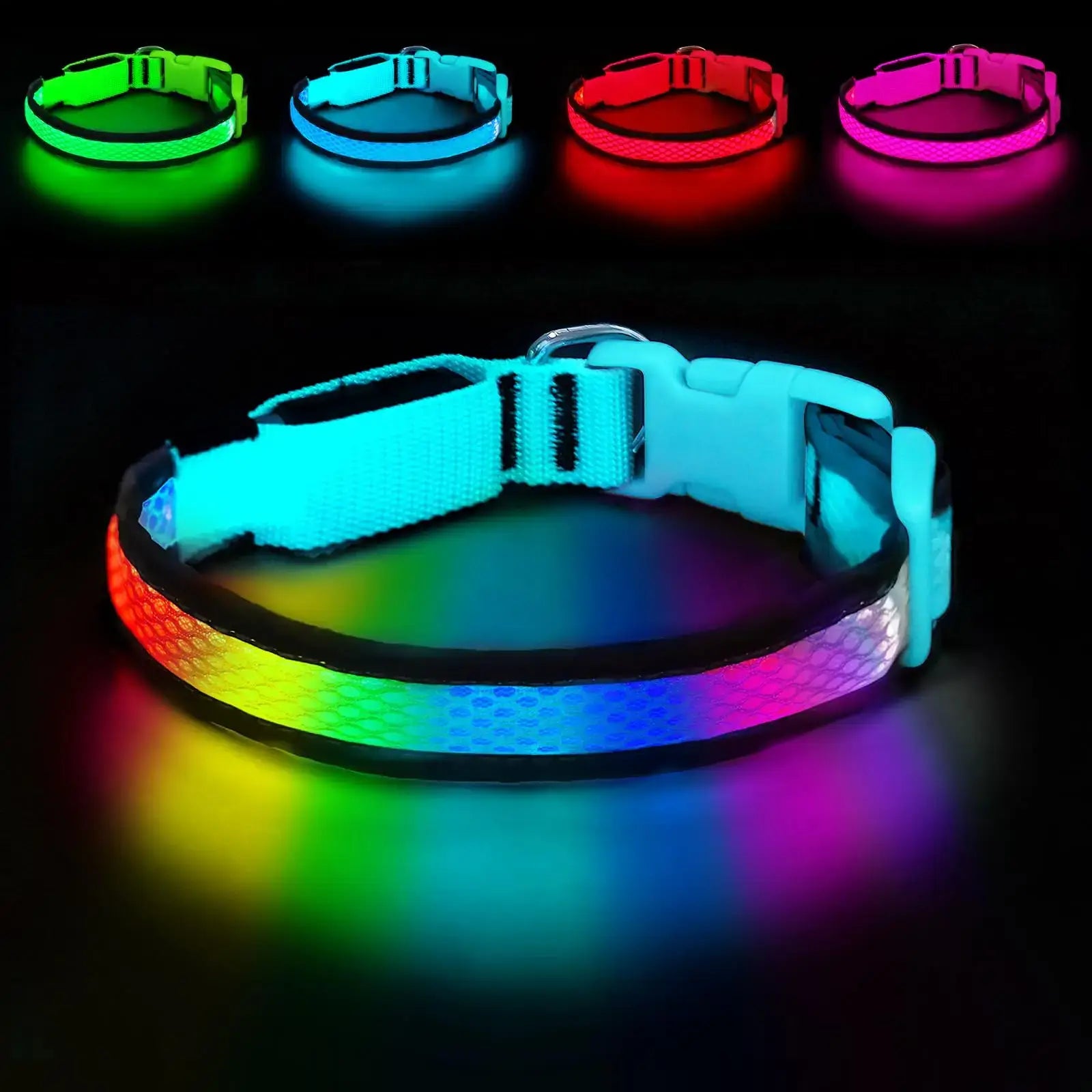 USB rechargeable LED dog collar blue with RGB 7-color glow, adjustable soft nylon pet safety collar for small and medium dogs