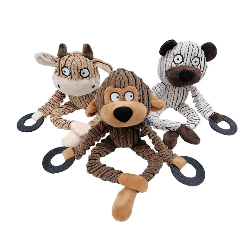 Set of three plush animal dog toys with rope limbs and chew rings, monkey, cow, bear.