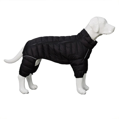 Black full-body dog winter coat on a mannequin, padded, with zipper closure