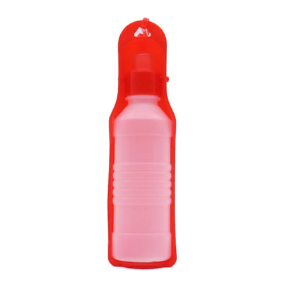 Red portable dog water bottle with 500ml plastic travel cup feeder for dogs and cats
