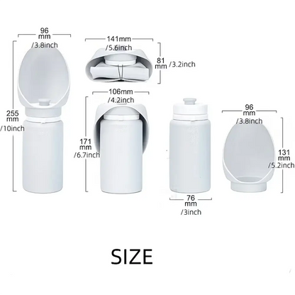 portable dog water bottle size chart showing foldable silicone bottle dimensions for travel and outdoor walks