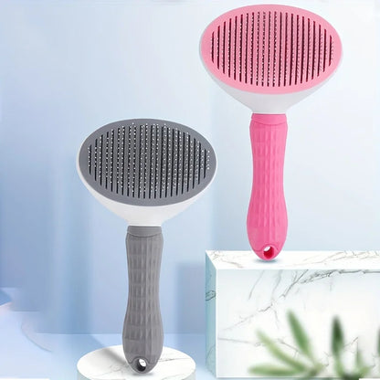 Self-cleaning pet hair removal brush for dogs and cats, pink and gray grooming slicker brush