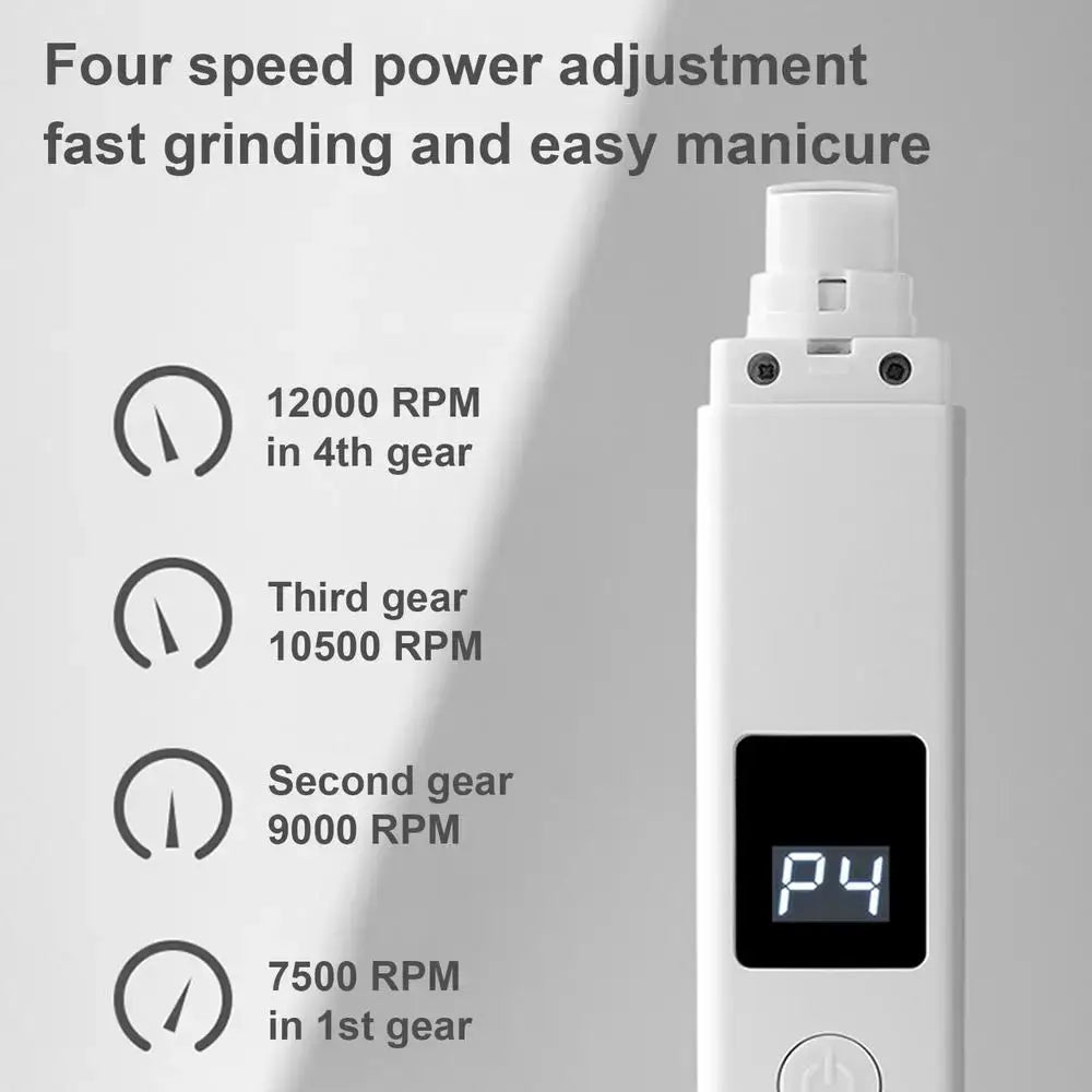 rechargeable dog nail grinder with four speed settings for fast, quiet pet nail trimming and smooth manicures