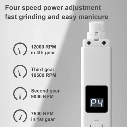 rechargeable dog nail grinder with four speed settings for fast, quiet pet nail trimming and smooth manicures