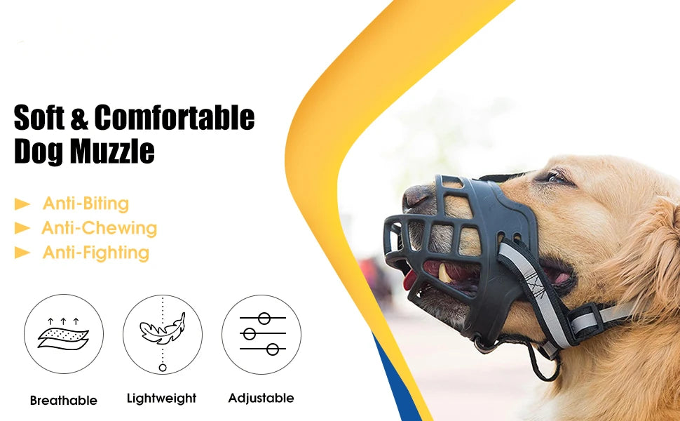 Golden retriever wearing black adjustable breathable dog muzzle for safety and comfort