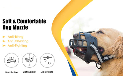 Golden retriever wearing black adjustable breathable dog muzzle for safety and comfort