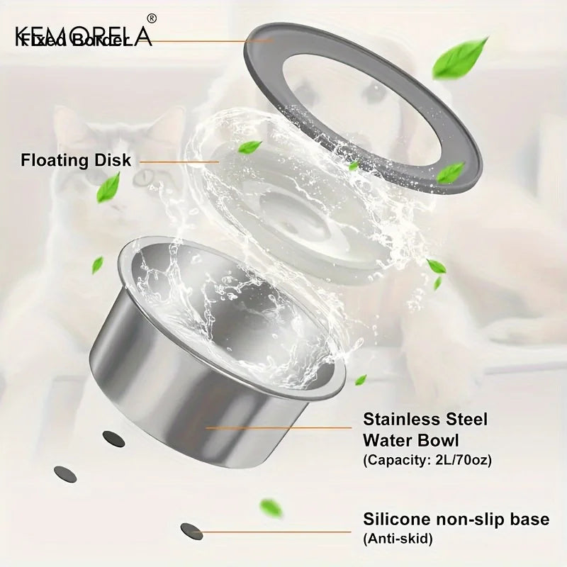Stainless steel pet water bowl with floating disk and silicone non-slip base, 2L capacity.