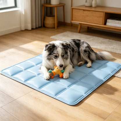 cooling gel pet mat for summer, blue grid pet bed for indoor and outdoor heat relief, sleeping pad for dogs