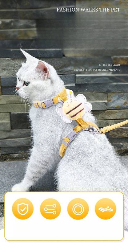 adjustable cat harness and leash set for small cats, breathable yellow pet walking harness with bow detail