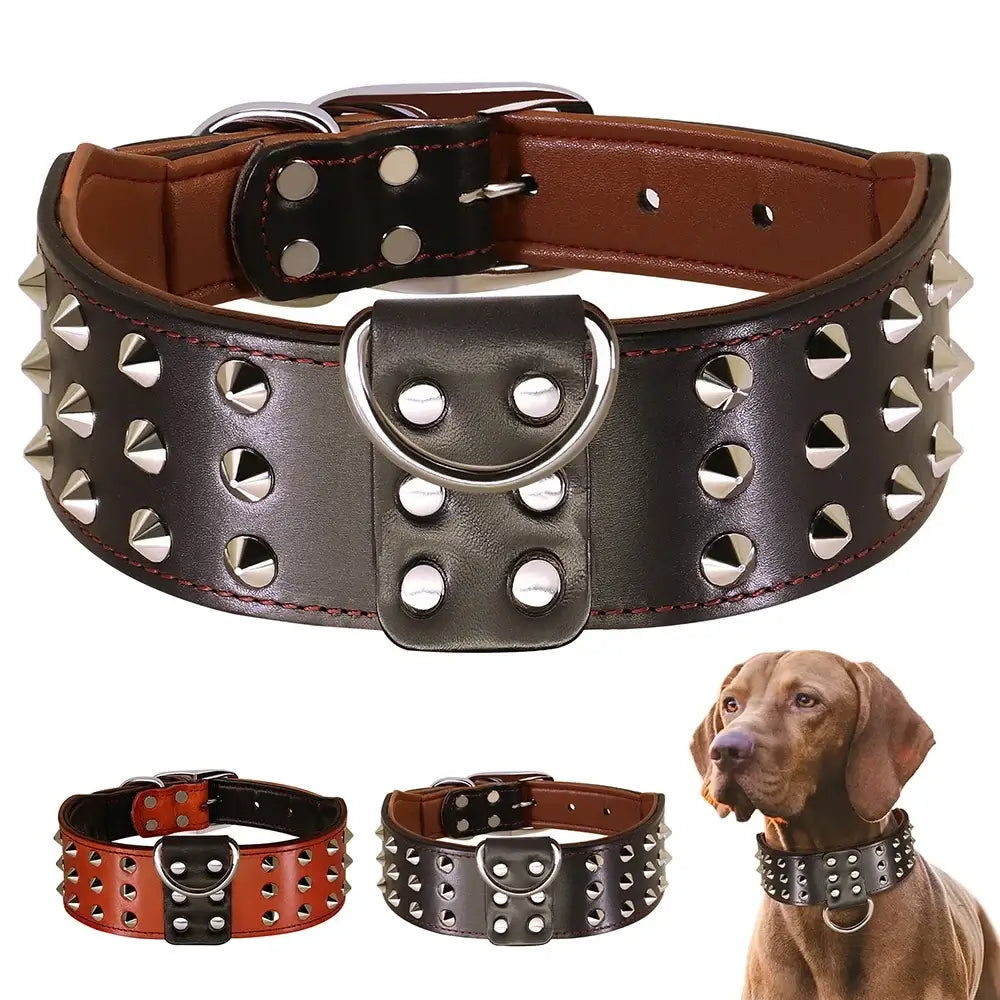 Spiked wide leather dog collar for medium and large dogs, durable studded genuine leather anti-bite collar
