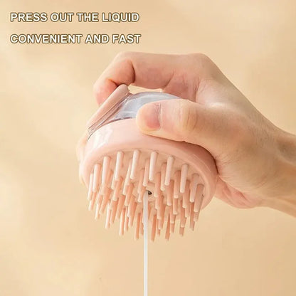 dog shower brush with shampoo dispenser for pet grooming, soft silicone bath brush with liquid press design