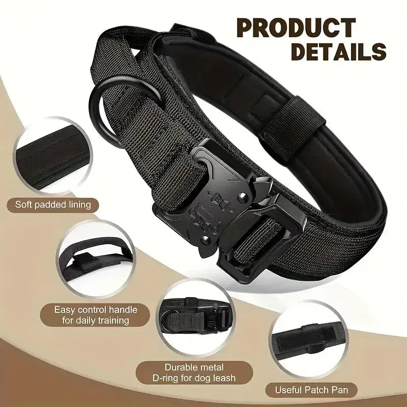 large dog training collar and leash with soft padded lining, durable metal D-ring, easy control handle, and adjustable tactical design