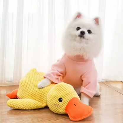 Cute white dog with yellow plush bite resistant duck dog toy for interactive chewing and boredom relief