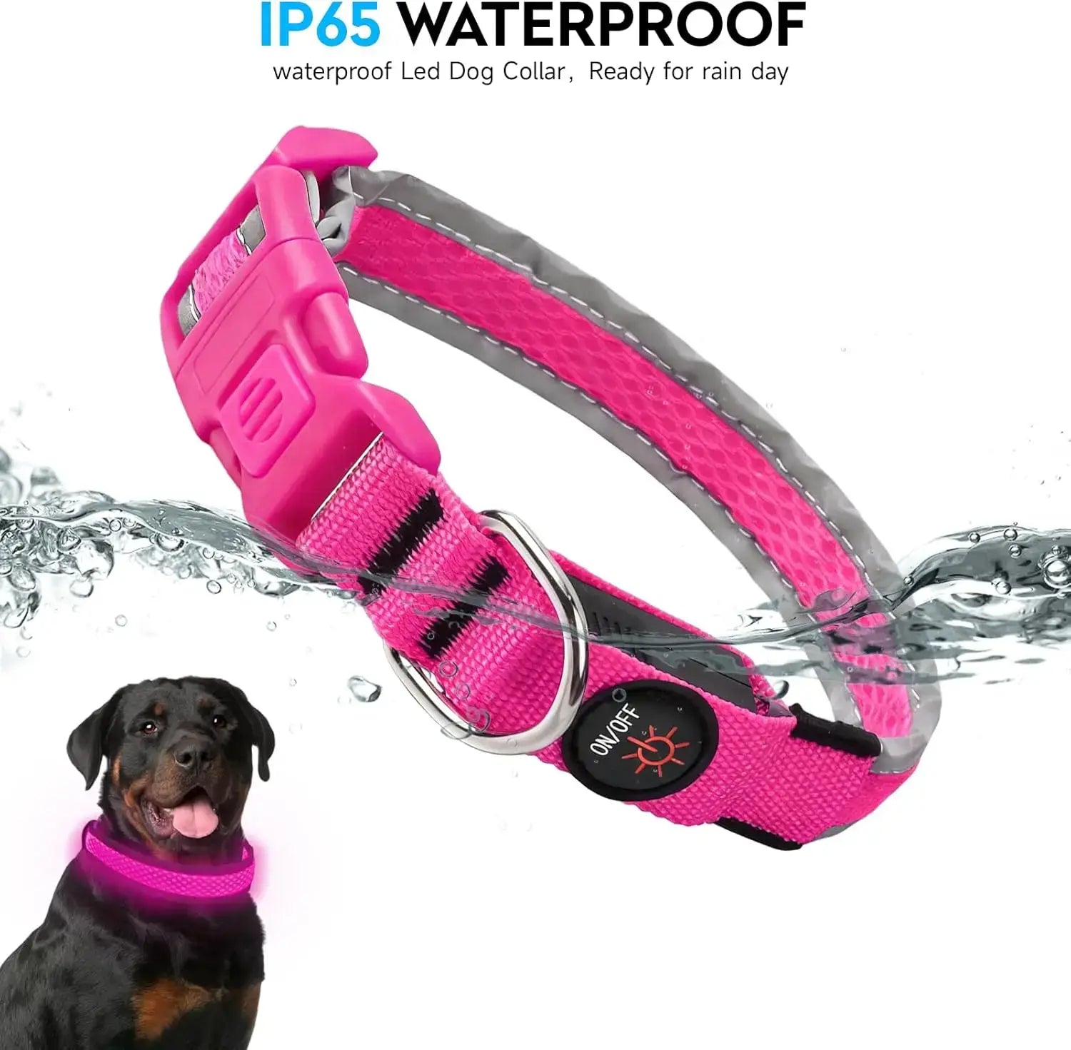 USB rechargeable LED dog collar, IP65 waterproof pink glowing collar for small and medium dogs, adjustable safety collar